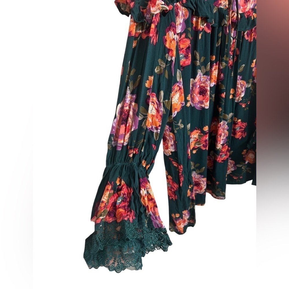 Blu Pepper Green Floral Ruffled Dress Lace Trim Bell Sleeves Womens Sz Large - Picture 9 of 14